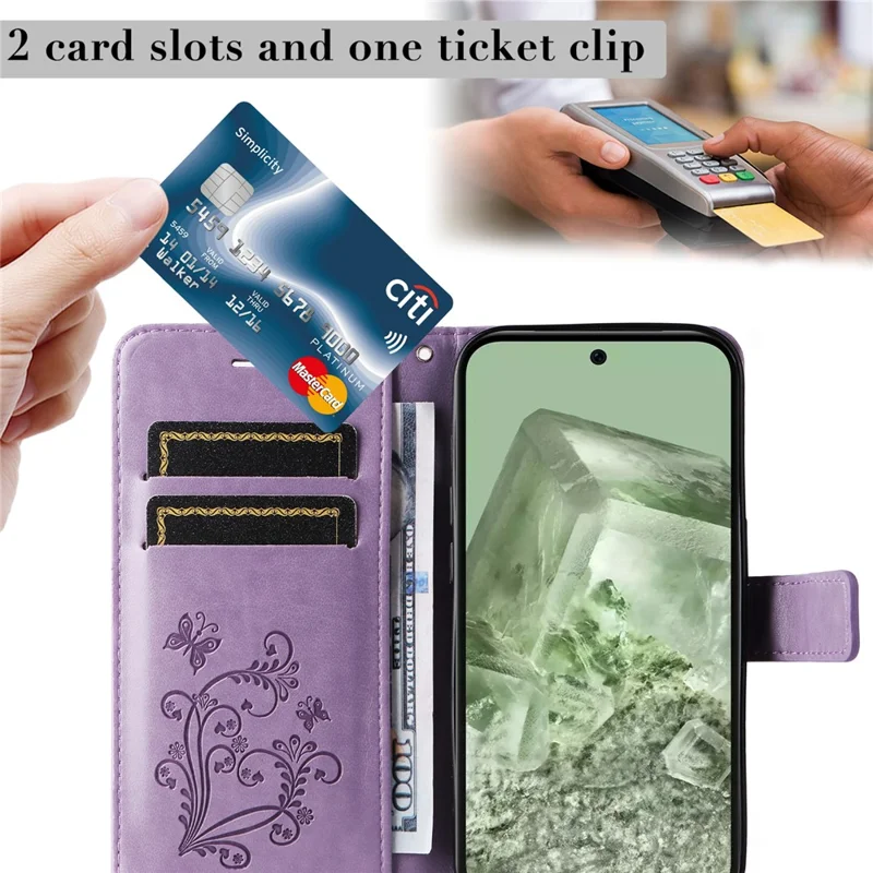 For Google Pixel 8a Wallet Case Floral Butterfly Imprinted Leather Phone Cover Stand - Purple