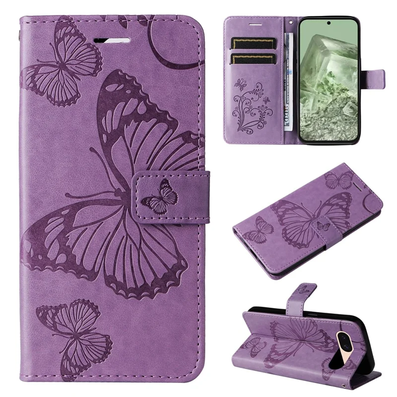 For Google Pixel 8a Wallet Case Floral Butterfly Imprinted Leather Phone Cover Stand - Purple