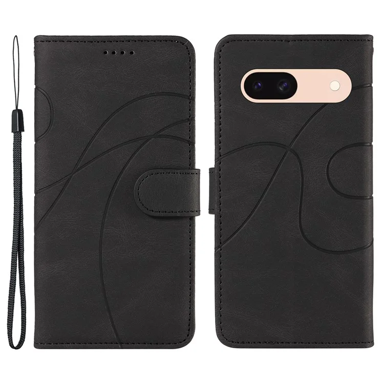 Funda de teléfono con soporte para Google Pixel 8a, funda de cuero con diseño de líneas impresas - Negro