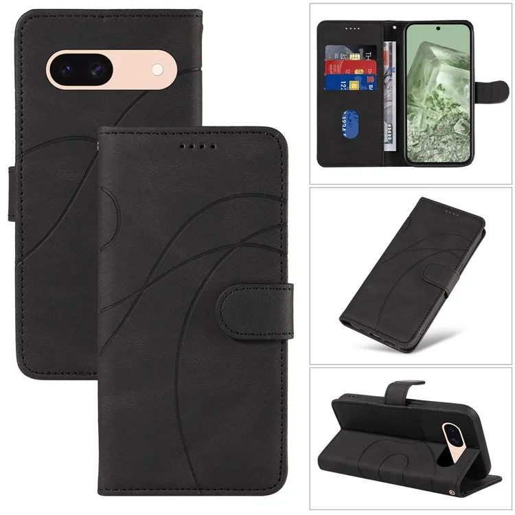 Funda de teléfono con soporte para Google Pixel 8a, funda de cuero con diseño de líneas impresas - Negro