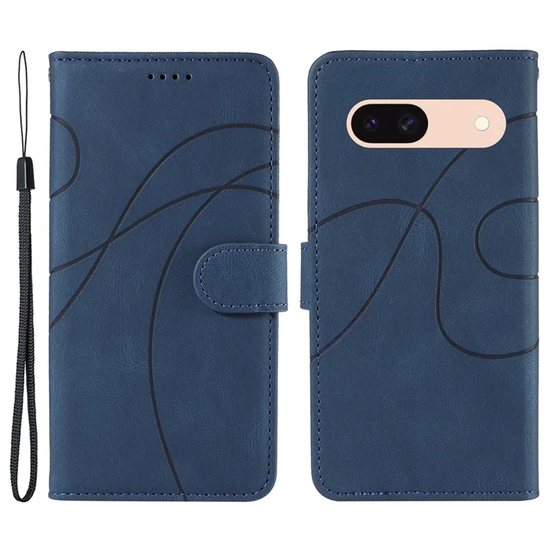 For Google Pixel 8a Phone Case Stand Leather Phone Cover with Imprinted Line Design - Blue