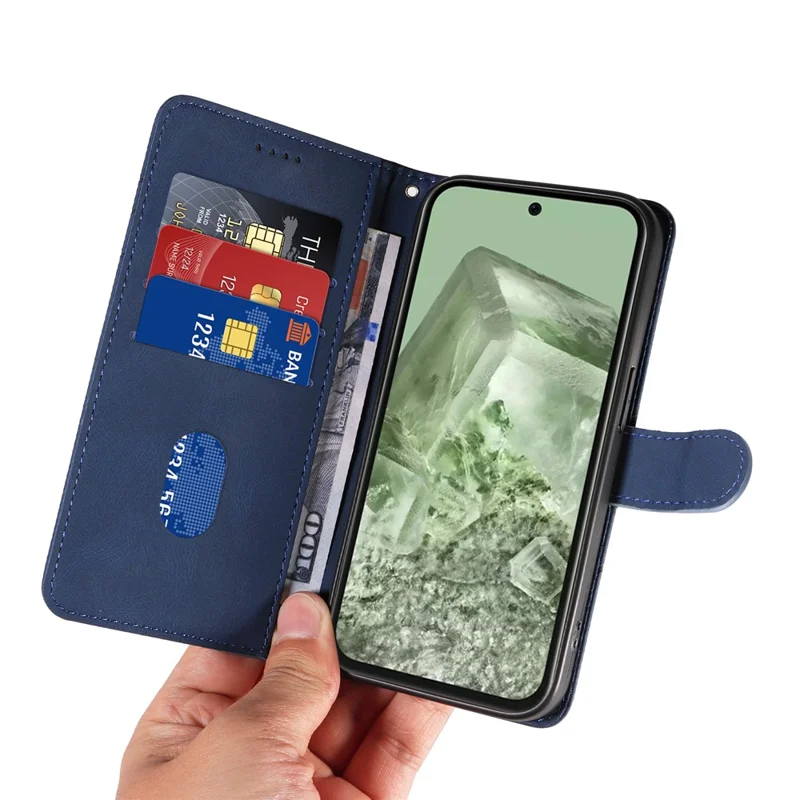 For Google Pixel 8a Phone Case Stand Leather Phone Cover with Imprinted Line Design - Blue