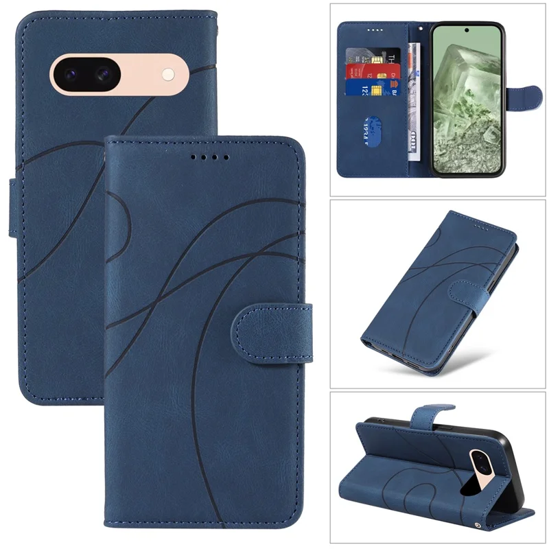 For Google Pixel 8a Phone Case Stand Leather Phone Cover with Imprinted Line Design - Blue