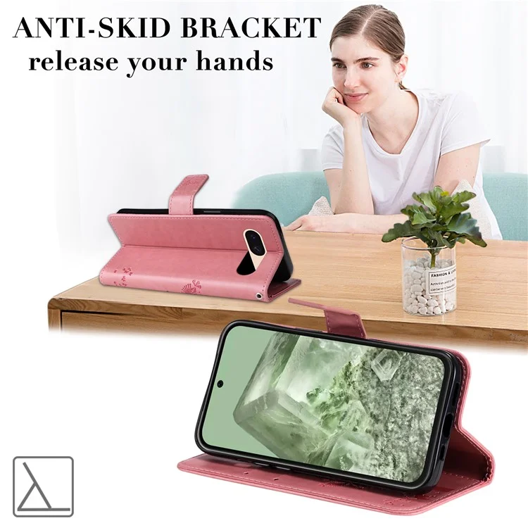 Para Google Pixel 8a KT Imprinting Flower Series-3 Anti-Scratch Phone Shell Stand PU Leather Wallet Case - Rosa