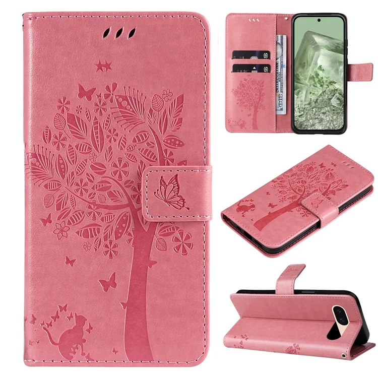 Para Google Pixel 8a KT Imprinting Flower Series-3 Anti-Scratch Phone Shell Stand PU Leather Wallet Case - Rosa