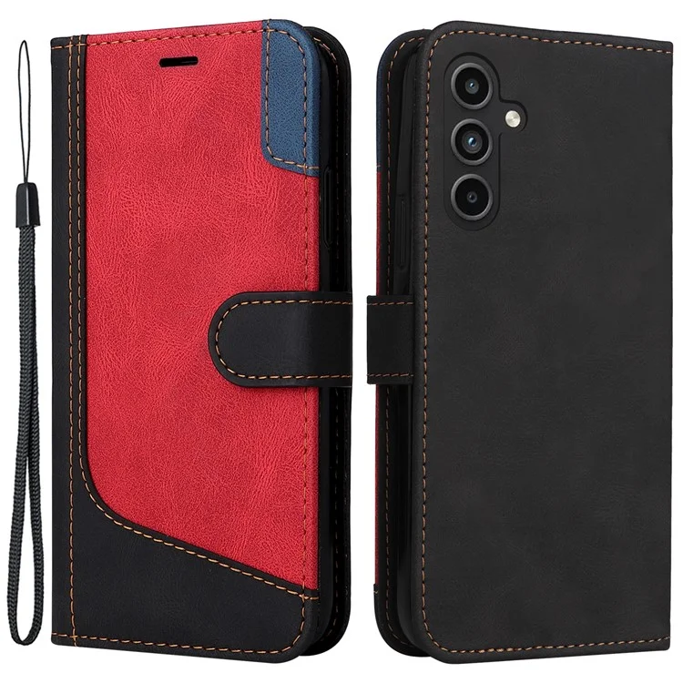 Para Samsung Galaxy A15 5G Case Three-color Splicing Wallet Stand Phone Cover with Strap - Preto
