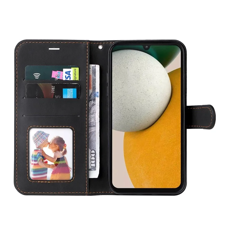 Para Samsung Galaxy A15 5G Case Three-color Splicing Wallet Stand Phone Cover with Strap - Preto