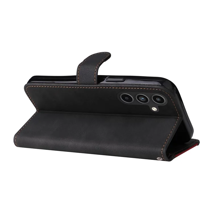 Para Samsung Galaxy A15 5G Case Three-color Splicing Wallet Stand Phone Cover with Strap - Preto