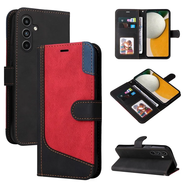 Para Samsung Galaxy A15 5G Case Three-color Splicing Wallet Stand Phone Cover with Strap - Preto