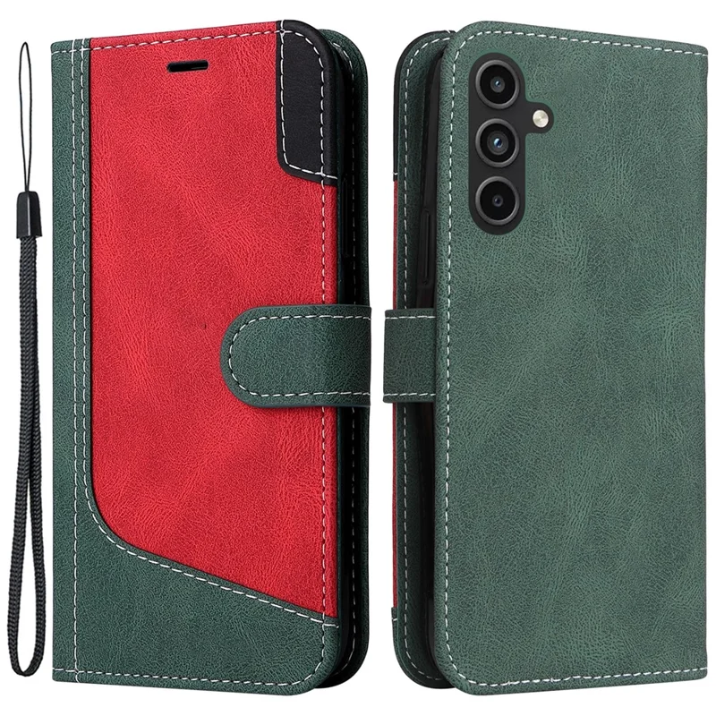 For Samsung Galaxy A15 5G Case Three-color Splicing Wallet Stand Phone Cover with Strap - Green