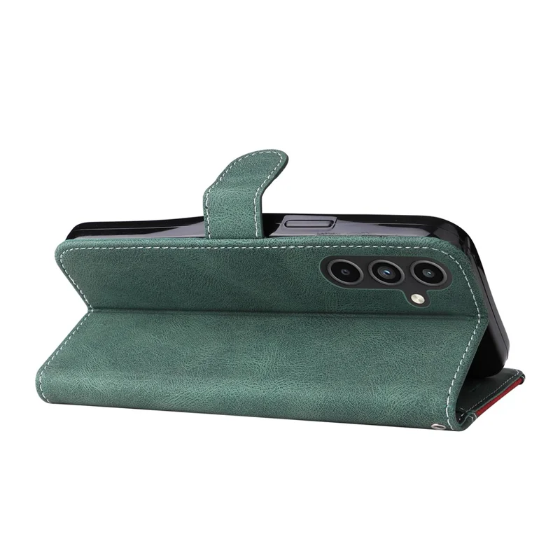 For Samsung Galaxy A15 5G Case Three-color Splicing Wallet Stand Phone Cover with Strap - Green