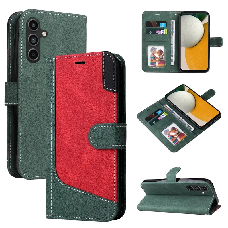 For Samsung Galaxy A15 5G Case Three-color Splicing Wallet Stand Phone Cover with Strap - Green