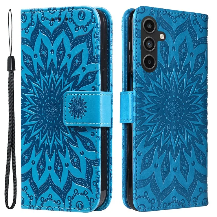 For Samsung Galaxy A15 5G Phone Case Sunflower Imprinted Leather Wallet Stand Cover with Strap - Blue