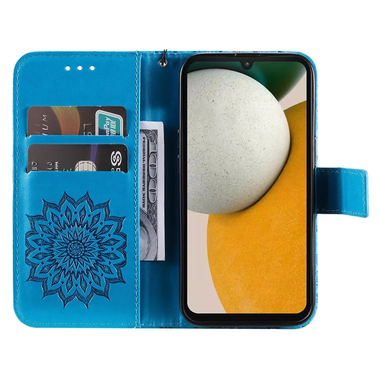 For Samsung Galaxy A15 5G Phone Case Sunflower Imprinted Leather Wallet Stand Cover with Strap - Blue