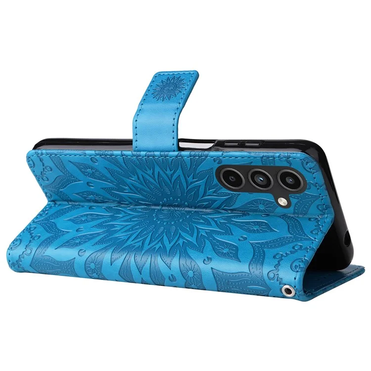 For Samsung Galaxy A15 5G Phone Case Sunflower Imprinted Leather Wallet Stand Cover with Strap - Blue