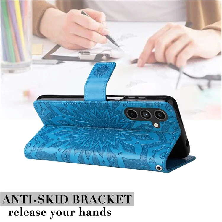 For Samsung Galaxy A15 5G Phone Case Sunflower Imprinted Leather Wallet Stand Cover with Strap - Blue