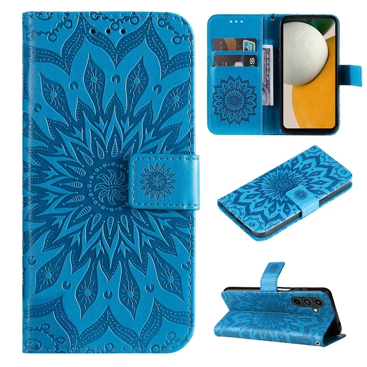For Samsung Galaxy A15 5G Phone Case Sunflower Imprinted Leather Wallet Stand Cover with Strap - Blue