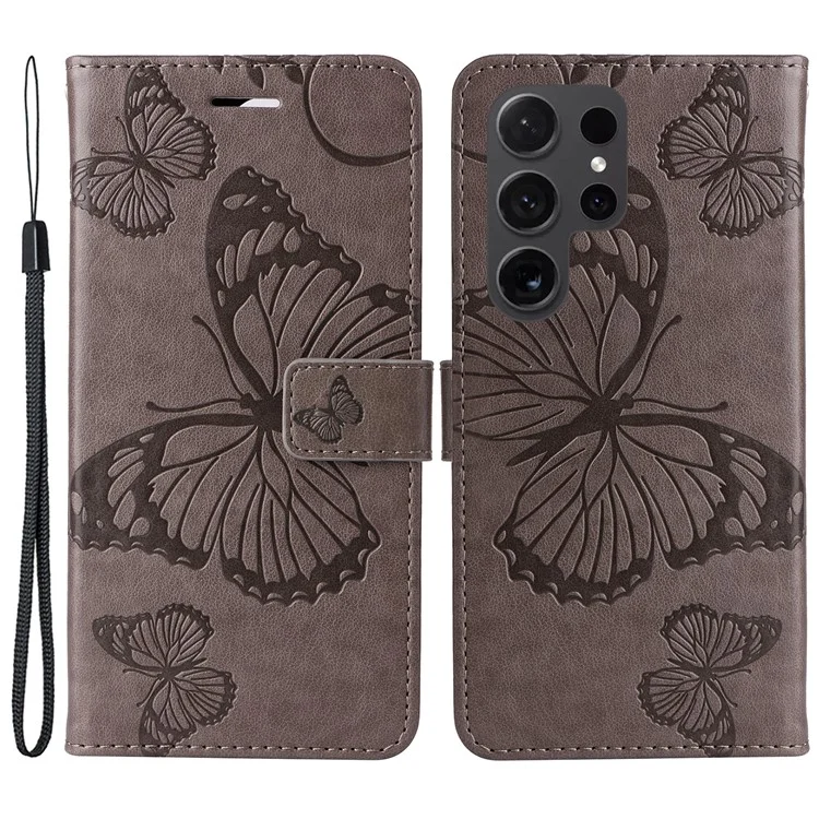 For Samsung Galaxy S24 Ultra Wallet Case Floral Butterfly Imprinted Leather Phone Cover Stand - Grey