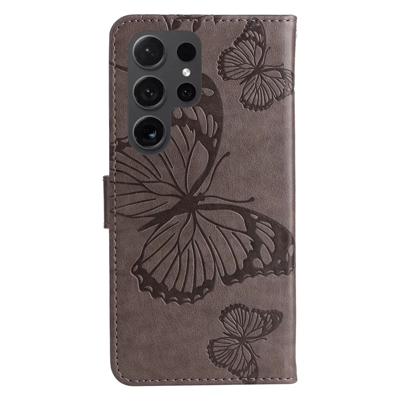 For Samsung Galaxy S24 Ultra Wallet Case Floral Butterfly Imprinted Leather Phone Cover Stand - Grey