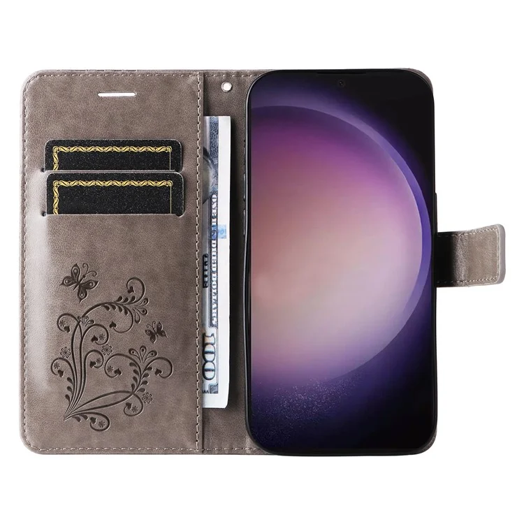 For Samsung Galaxy S24 Ultra Wallet Case Floral Butterfly Imprinted Leather Phone Cover Stand - Grey
