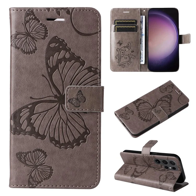 For Samsung Galaxy S24 Ultra Wallet Case Floral Butterfly Imprinted Leather Phone Cover Stand - Grey