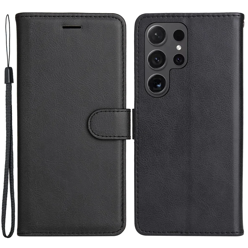 For Samsung Galaxy S24 Ultra Case Solid Color Leather Mobile Cover Wallet Stand with Strap - Black