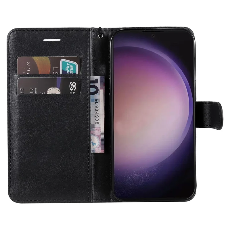 For Samsung Galaxy S24 Ultra Case Solid Color Leather Mobile Cover Wallet Stand with Strap - Black