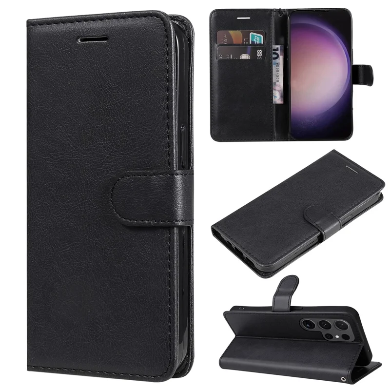 For Samsung Galaxy S24 Ultra Case Solid Color Leather Mobile Cover Wallet Stand with Strap - Black