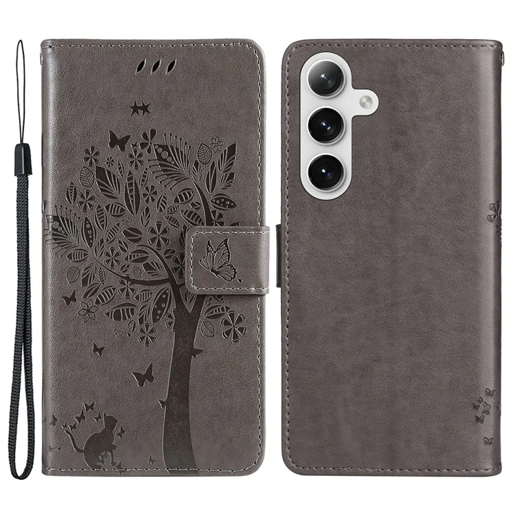 KT Imprinting Flower Series-3 per Samsung Galaxy S25+ / S24+ Case Imprinted Cat Tree Wallet Phone Cover - Grigio