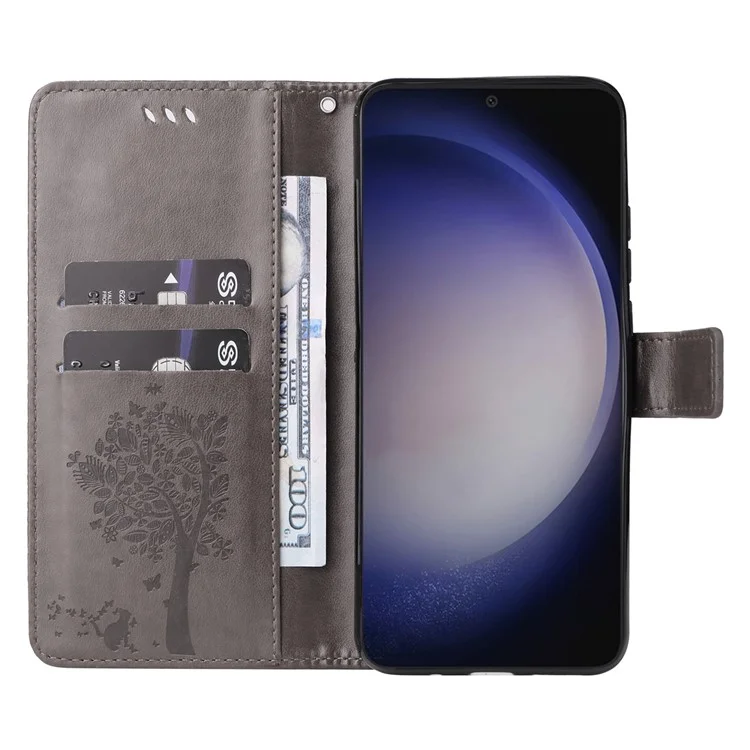 KT Imprinting Flower Series-3 per Samsung Galaxy S25+ / S24+ Case Imprinted Cat Tree Wallet Phone Cover - Grigio