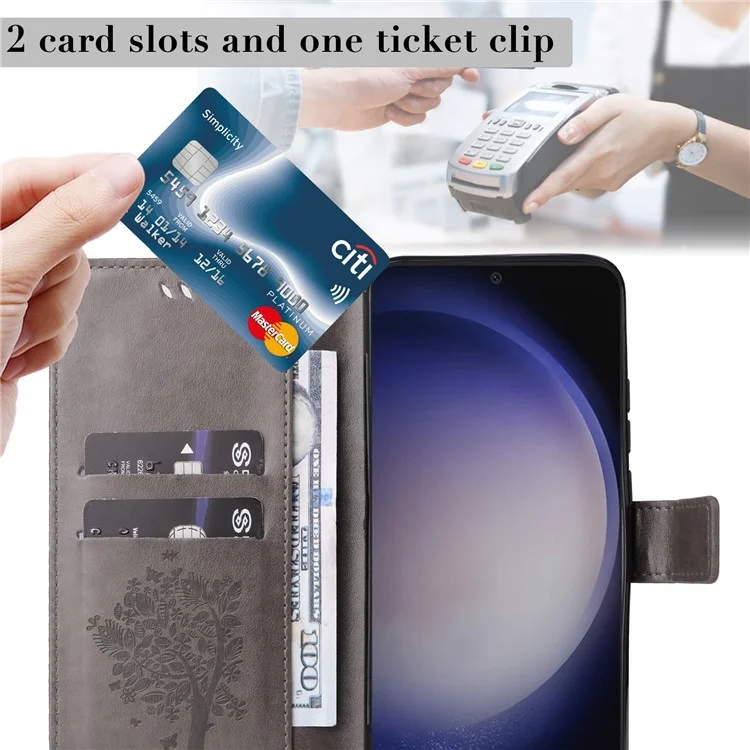 KT Imprinting Flower Series-3 per Samsung Galaxy S25+ / S24+ Case Imprinted Cat Tree Wallet Phone Cover - Grigio