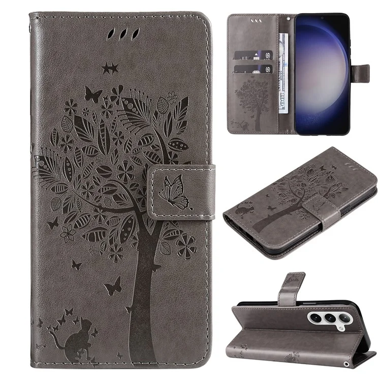 KT Imprinting Flower Series-3 per Samsung Galaxy S25+ / S24+ Case Imprinted Cat Tree Wallet Phone Cover - Grigio