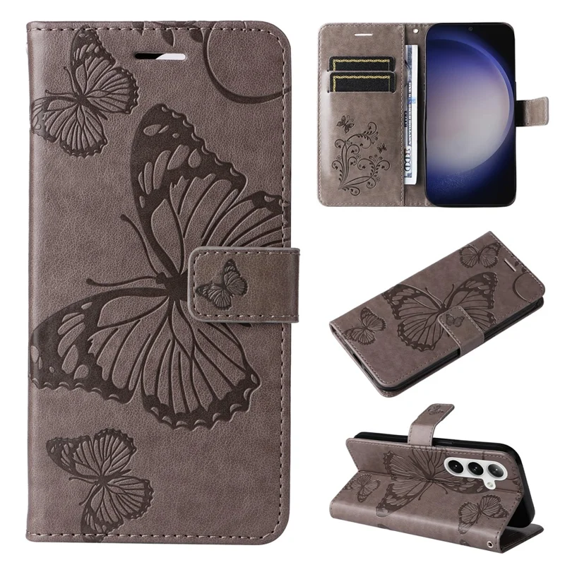 For Samsung Galaxy S25 / S24 Wallet Case Floral Butterfly Imprinted Leather Phone Cover Stand - Grey