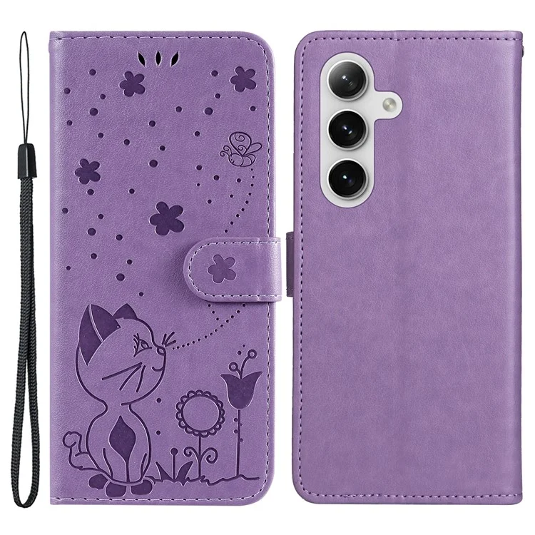 KT Imprinting Flower Series-4 Pour Samsung Galaxy S25 / S24 Case Cat Imprinted Leather Cover - Violet