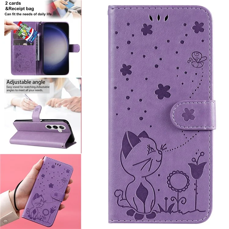 KT Imprinting Flower Series-4 Pour Samsung Galaxy S25 / S24 Case Cat Imprinted Leather Cover - Violet