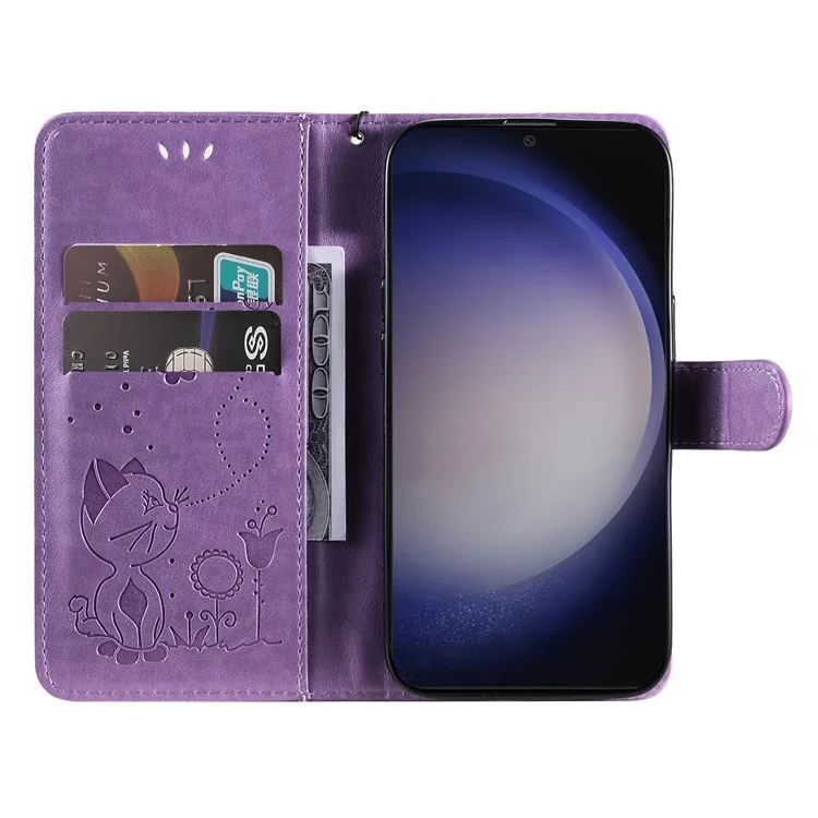 KT Imprinting Flower Series-4 Pour Samsung Galaxy S25 / S24 Case Cat Imprinted Leather Cover - Violet
