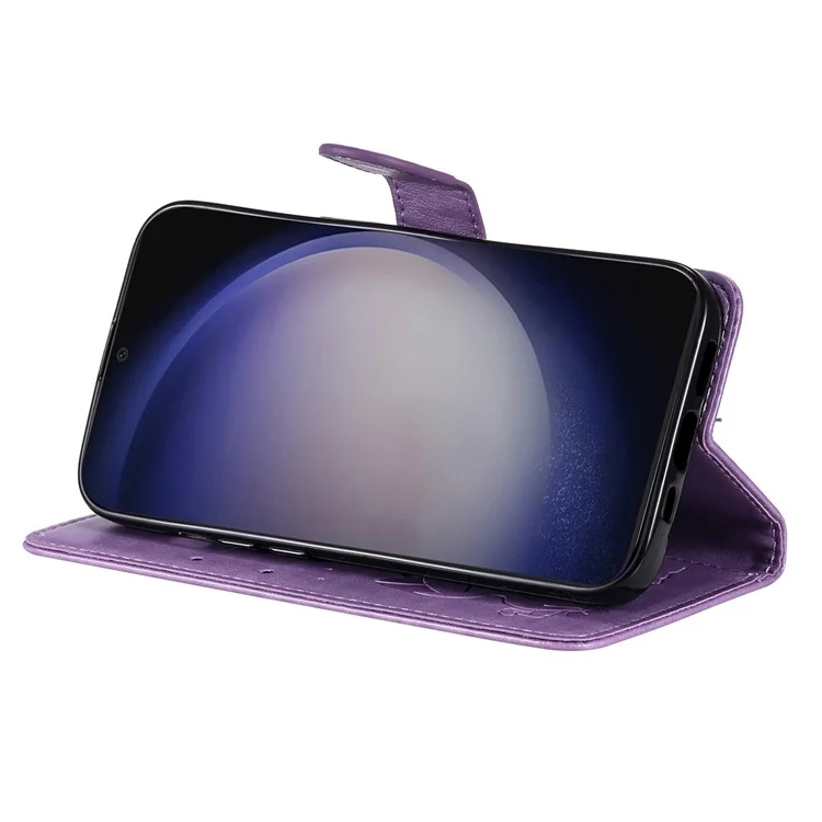 KT Imprinting Flower Series-4 Pour Samsung Galaxy S25 / S24 Case Cat Imprinted Leather Cover - Violet