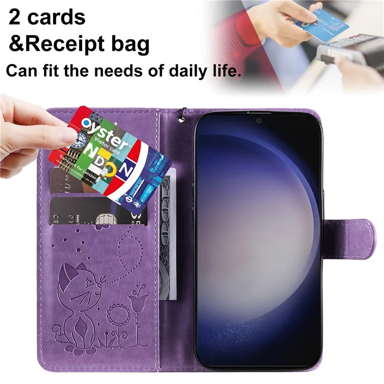 KT Imprinting Flower Series-4 Pour Samsung Galaxy S25 / S24 Case Cat Imprinted Leather Cover - Violet