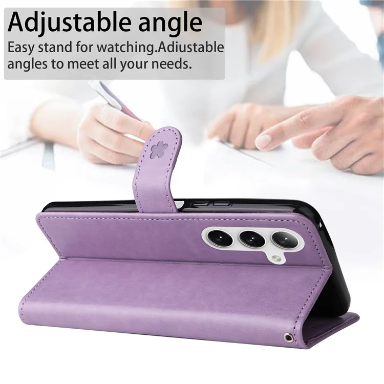 KT Imprinting Flower Series-4 Pour Samsung Galaxy S25 / S24 Case Cat Imprinted Leather Cover - Violet