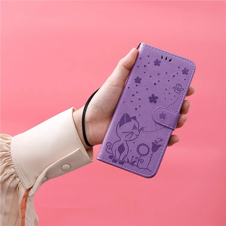 KT Imprinting Flower Series-4 Pour Samsung Galaxy S25 / S24 Case Cat Imprinted Leather Cover - Violet