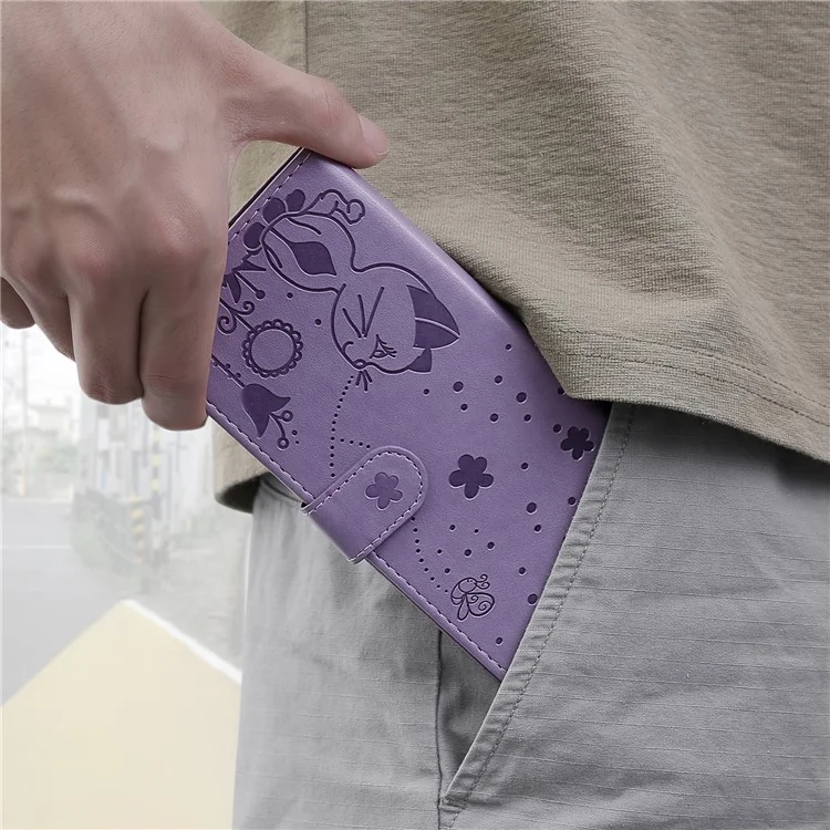 KT Imprinting Flower Series-4 Pour Samsung Galaxy S25 / S24 Case Cat Imprinted Leather Cover - Violet