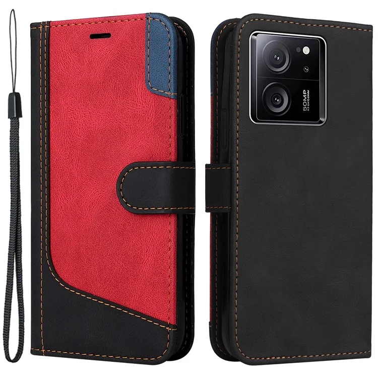 For Xiaomi 13T Pro / 13T / Redmi K60 Ultra Case Three-color Splicing Leather Wallet Cover Stand Phone Shell with Strap - Black