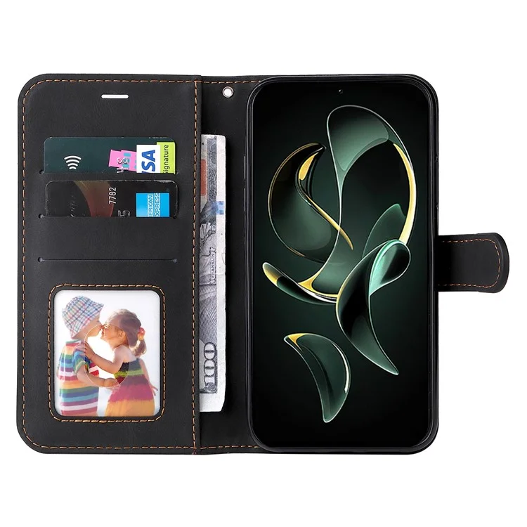 For Xiaomi 13T Pro / 13T / Redmi K60 Ultra Case Three-color Splicing Leather Wallet Cover Stand Phone Shell with Strap - Black