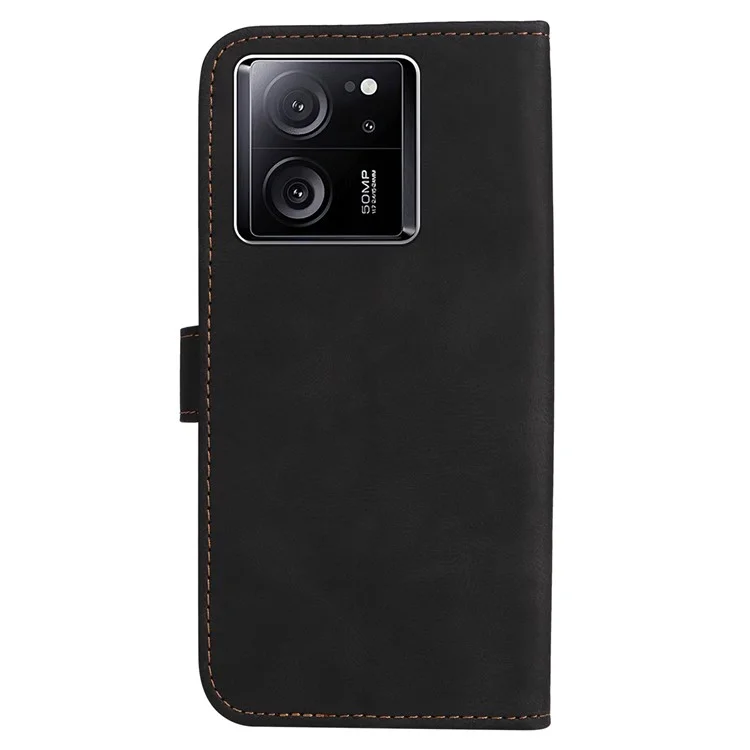 For Xiaomi 13T Pro / 13T / Redmi K60 Ultra Case Three-color Splicing Leather Wallet Cover Stand Phone Shell with Strap - Black