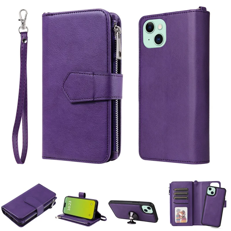For iPhone 15 Plus Magnetic Leather Case Mobile Cover with Detachable Zipper Wallet Strap - Purple