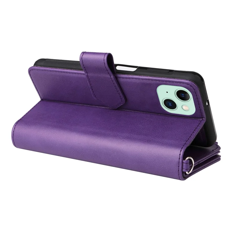 For iPhone 15 Plus Magnetic Leather Case Mobile Cover with Detachable Zipper Wallet Strap - Purple