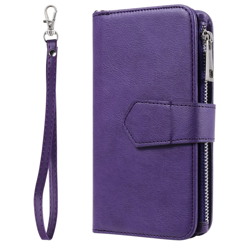For iPhone 15 Plus Magnetic Leather Case Mobile Cover with Detachable Zipper Wallet Strap - Purple