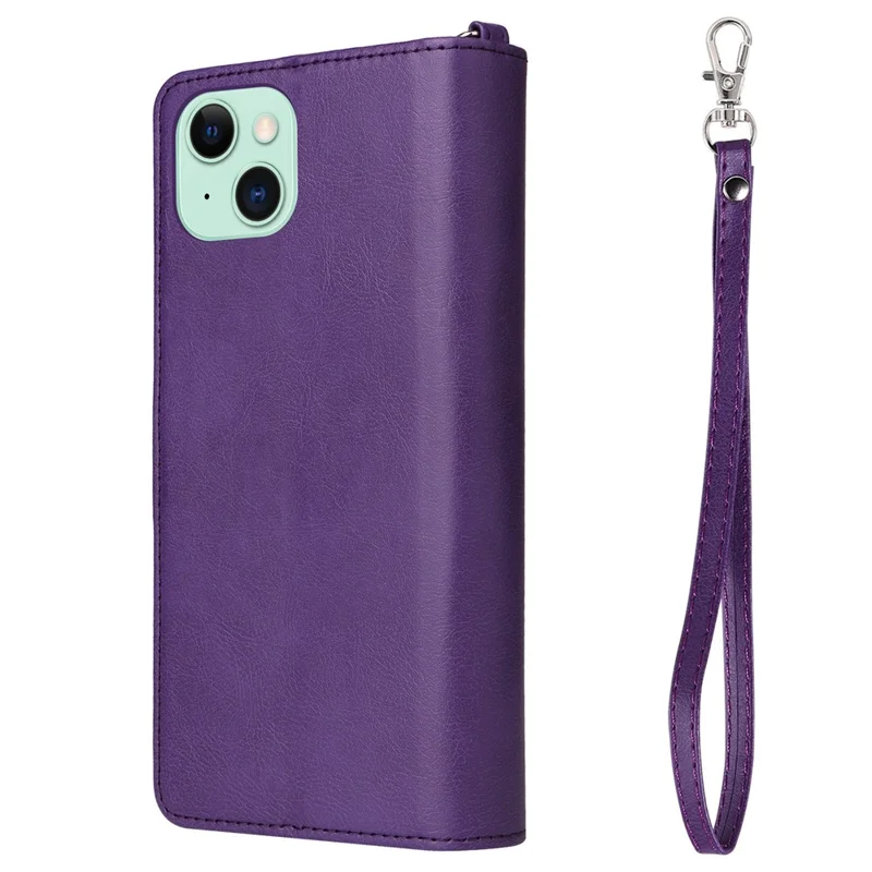 For iPhone 15 Plus Magnetic Leather Case Mobile Cover with Detachable Zipper Wallet Strap - Purple