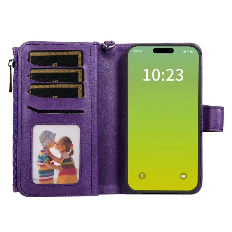 For iPhone 15 Plus Magnetic Leather Case Mobile Cover with Detachable Zipper Wallet Strap - Purple