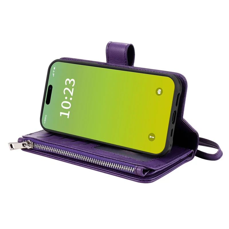 For iPhone 15 Plus Magnetic Leather Case Mobile Cover with Detachable Zipper Wallet Strap - Purple